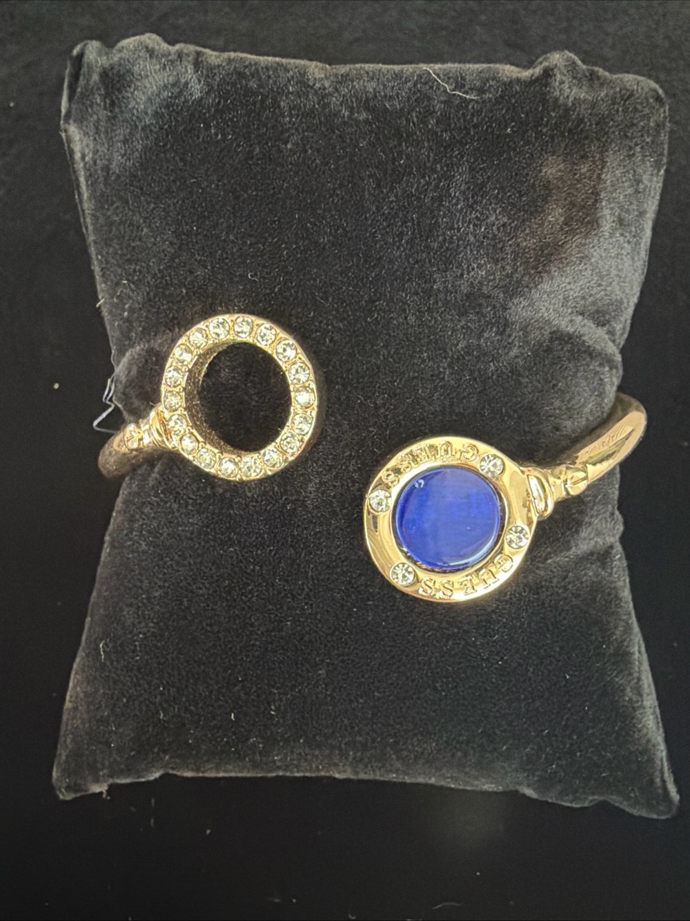 Guess Gold Tone Open Cuff Bracelet  Blue Cabochon Stone Clear Rhinestone Accents